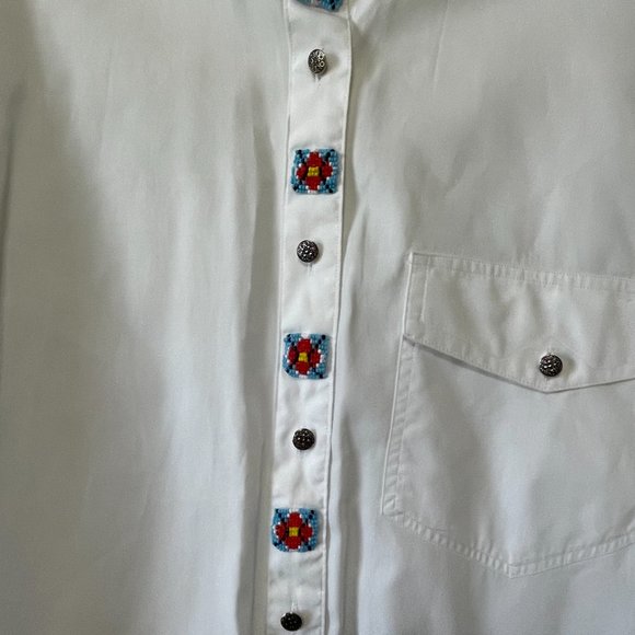 Barbara Blue White Long Sleeve Women Button Up Collared Shirt L Beaded Front - Picture 6 of 11